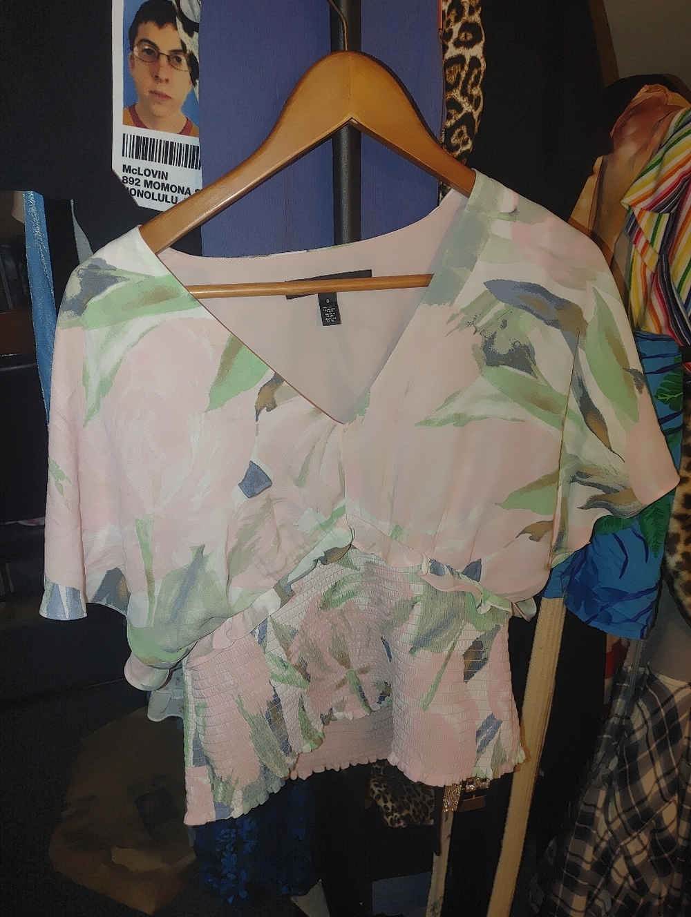 White House Black Market Pink Floral V-Neck Smocked-Waist Blouse